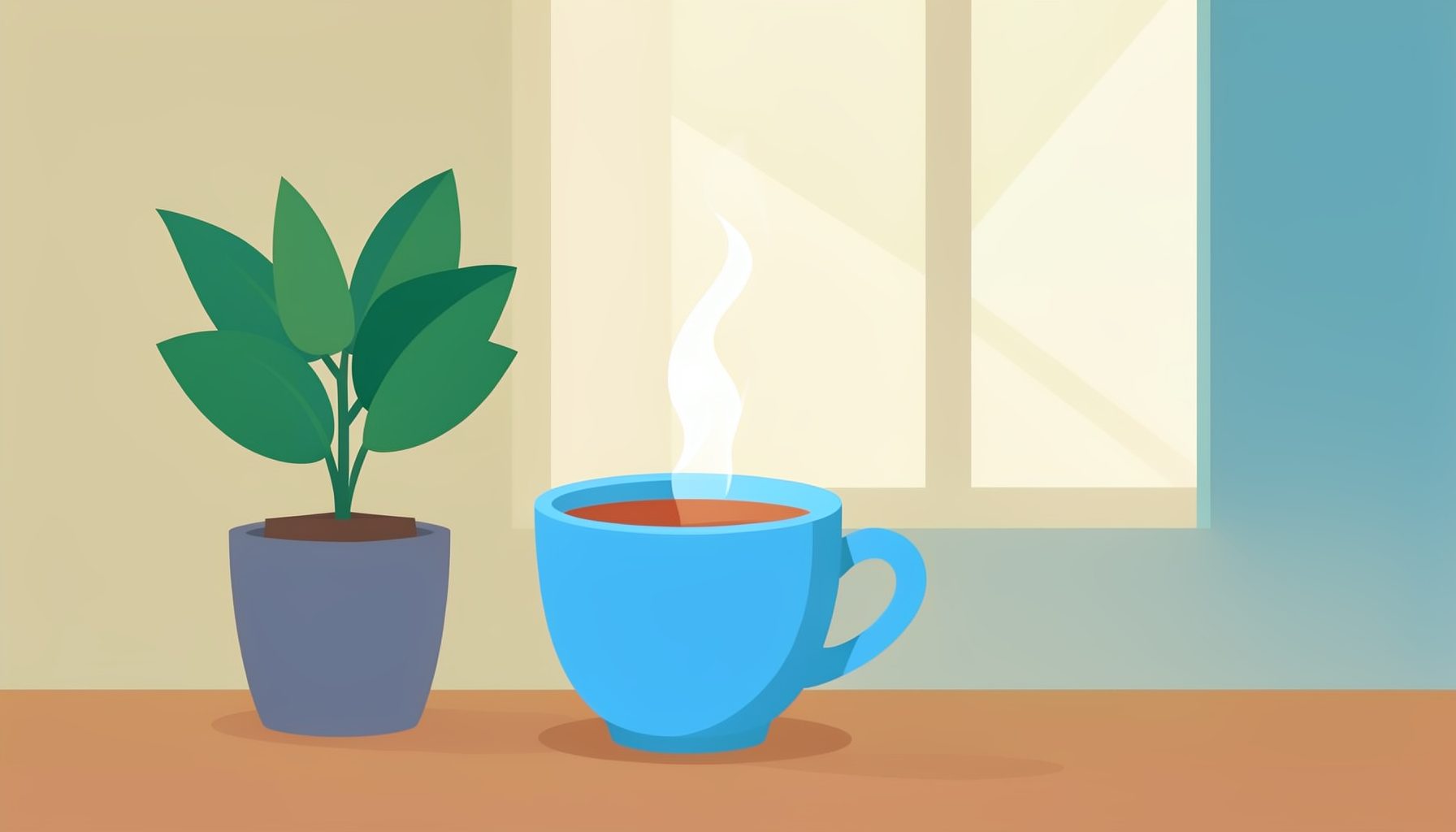Flat vector illustration of a calm morning scene with a steaming cup of herbal tea, a potted green plant, and soft sunlight through a window, warm beige and sage green tones