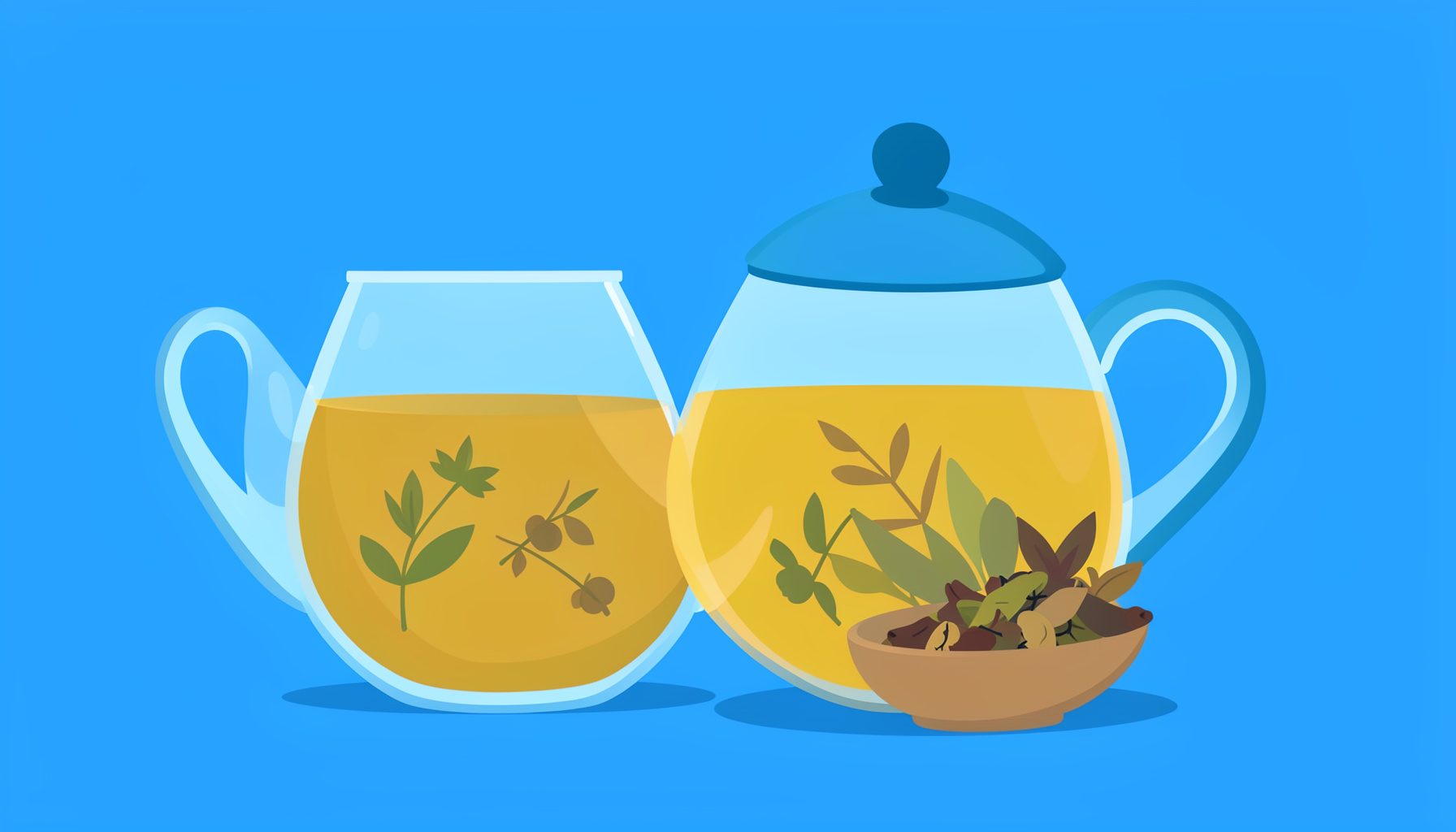 Flat vector illustration of a glass teapot filled with golden herbal tea beside a small bowl of dried botanicals, soft earthy greens and warm amber hues