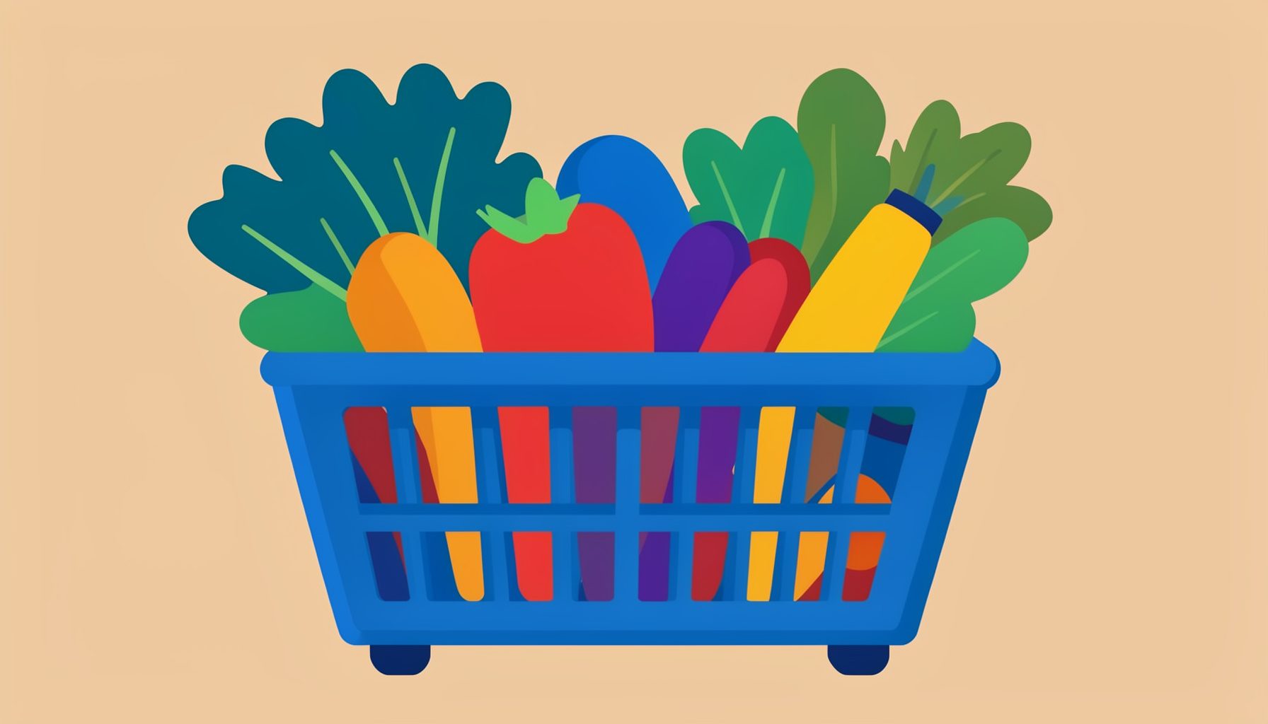 Flat vector of a shopping basket filled with colorful vegetables, warm earthy tones
