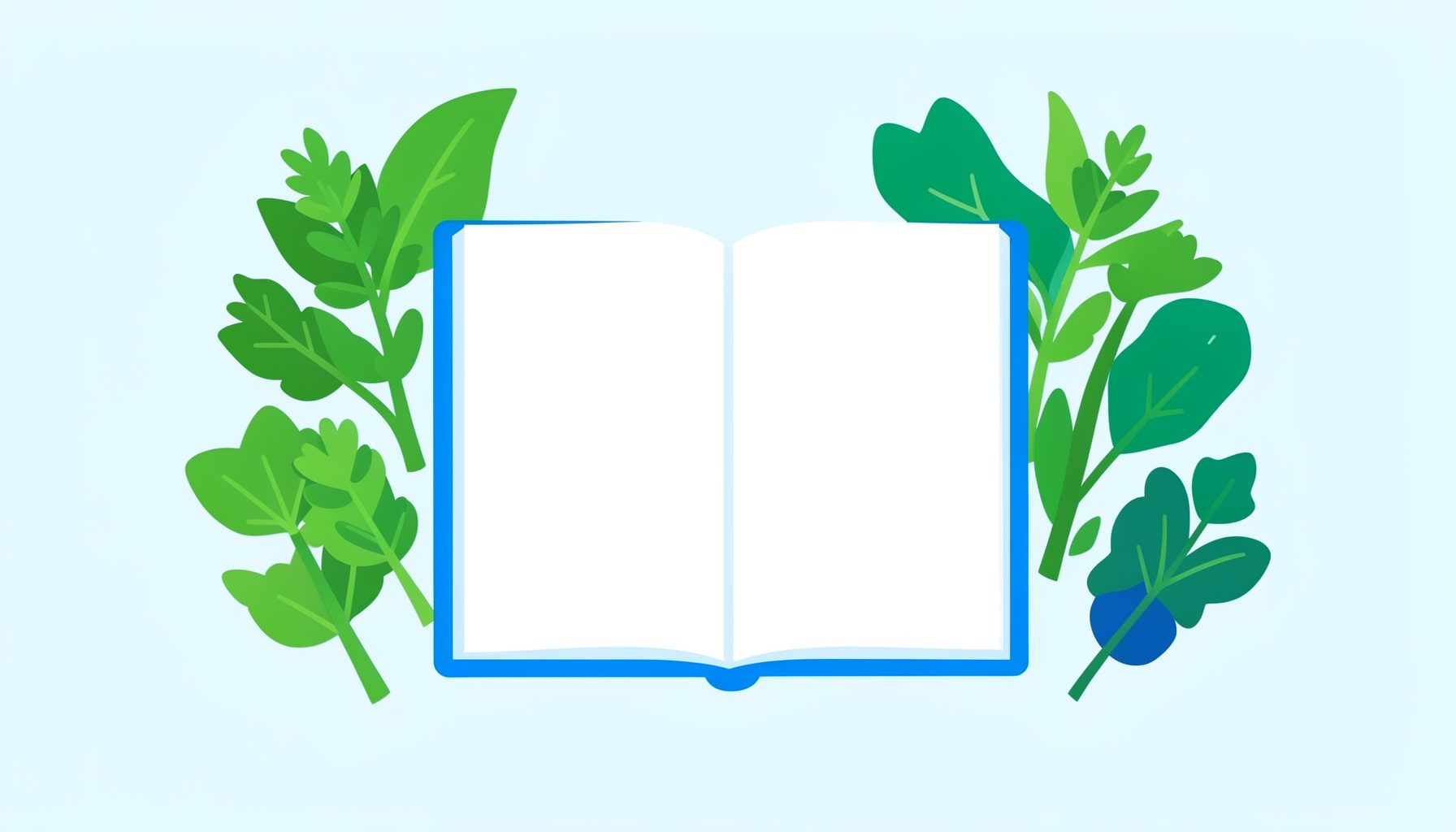 Flat vector illustration of fresh green herbs and leafy vegetables arranged around an open notebook, clean and airy feel