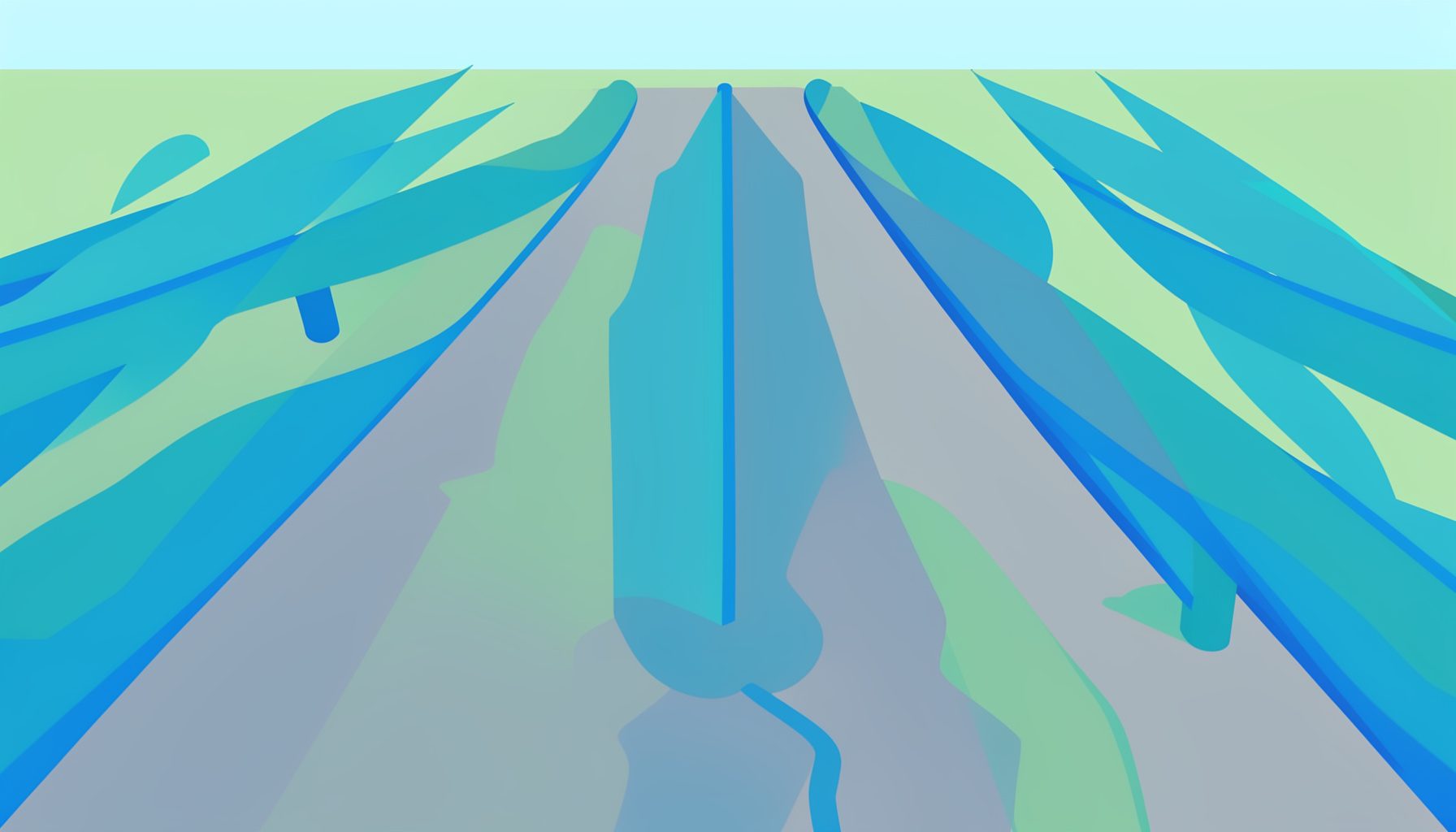 Flat vector of drip irrigation lines running through rows of crops, soft green and blue tones