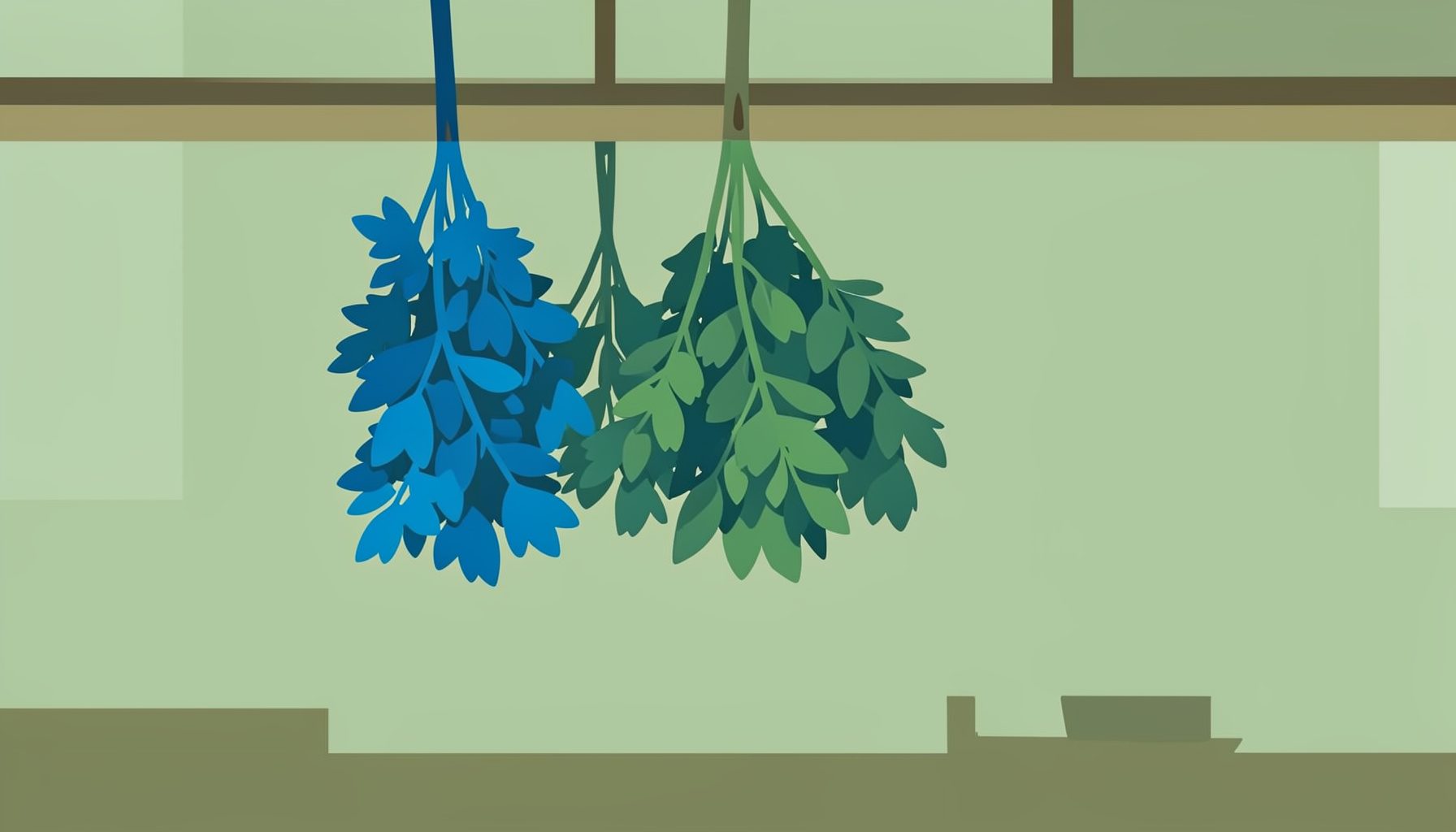 Flat vector of bundled fresh herbs hanging to dry, rustic kitchen mood in muted greens