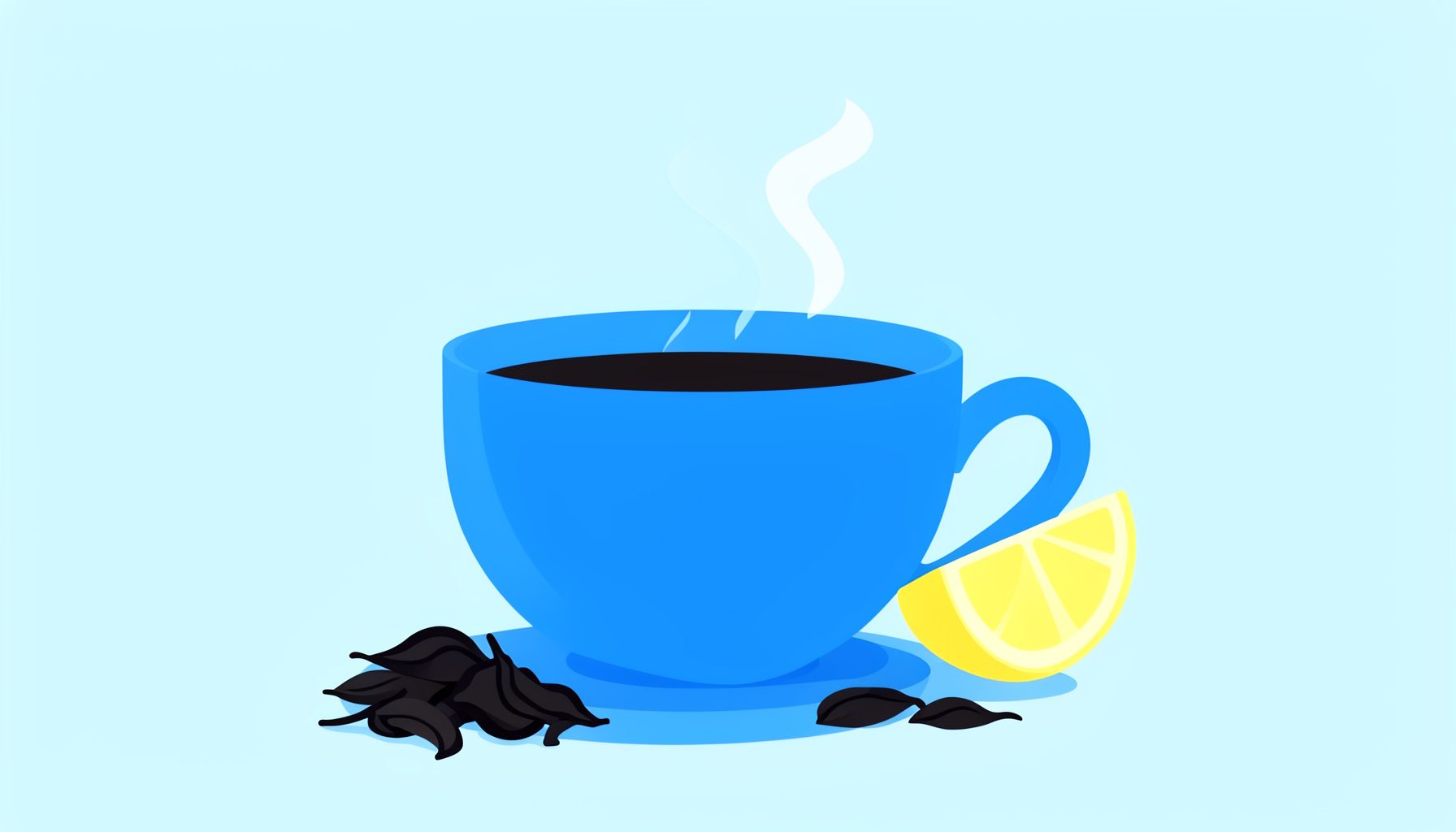 Flat vector of a steaming teacup beside loose tea leaves and a lemon slice, calm and inviting