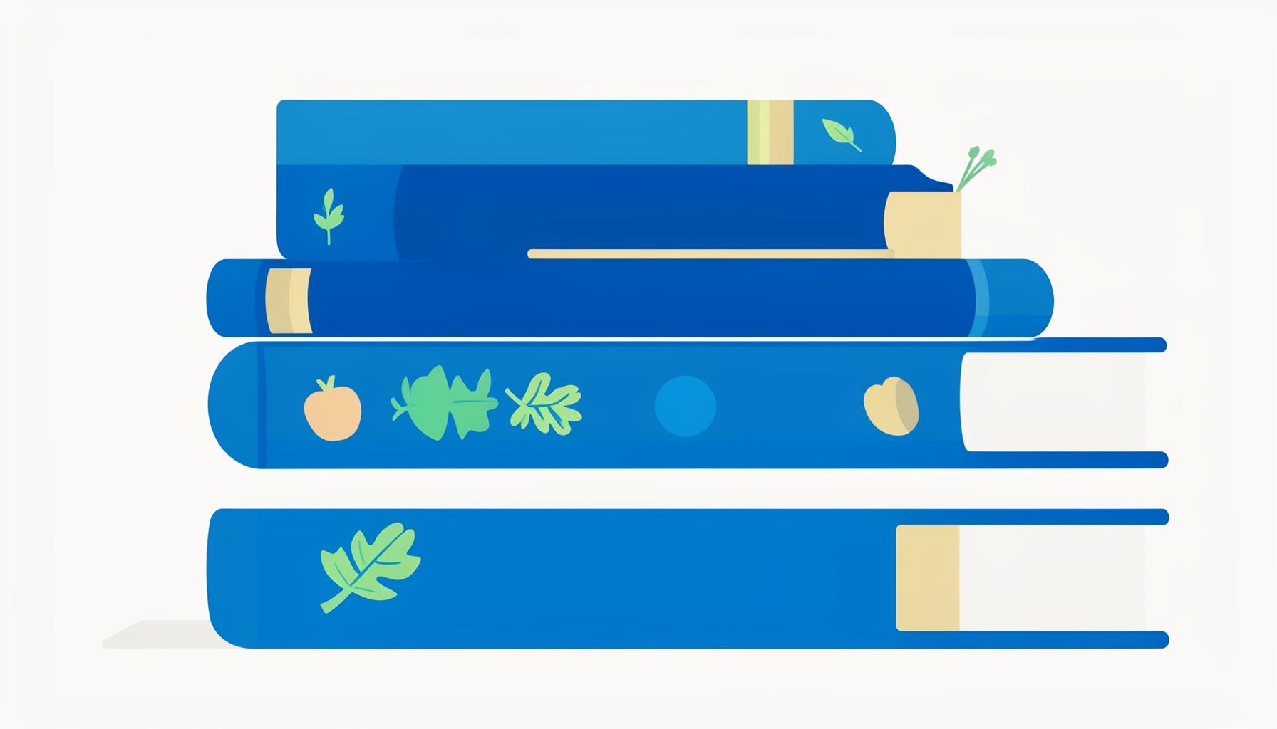 Flat vector of stacked books with vegetable and leaf motifs on the spines, library-like and warm