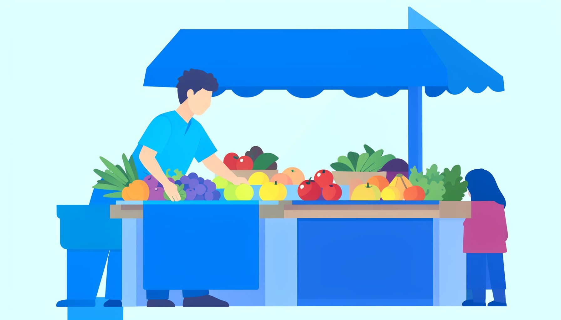 Flat vector of a person browsing a market stall with fresh produce, community-focused and bright