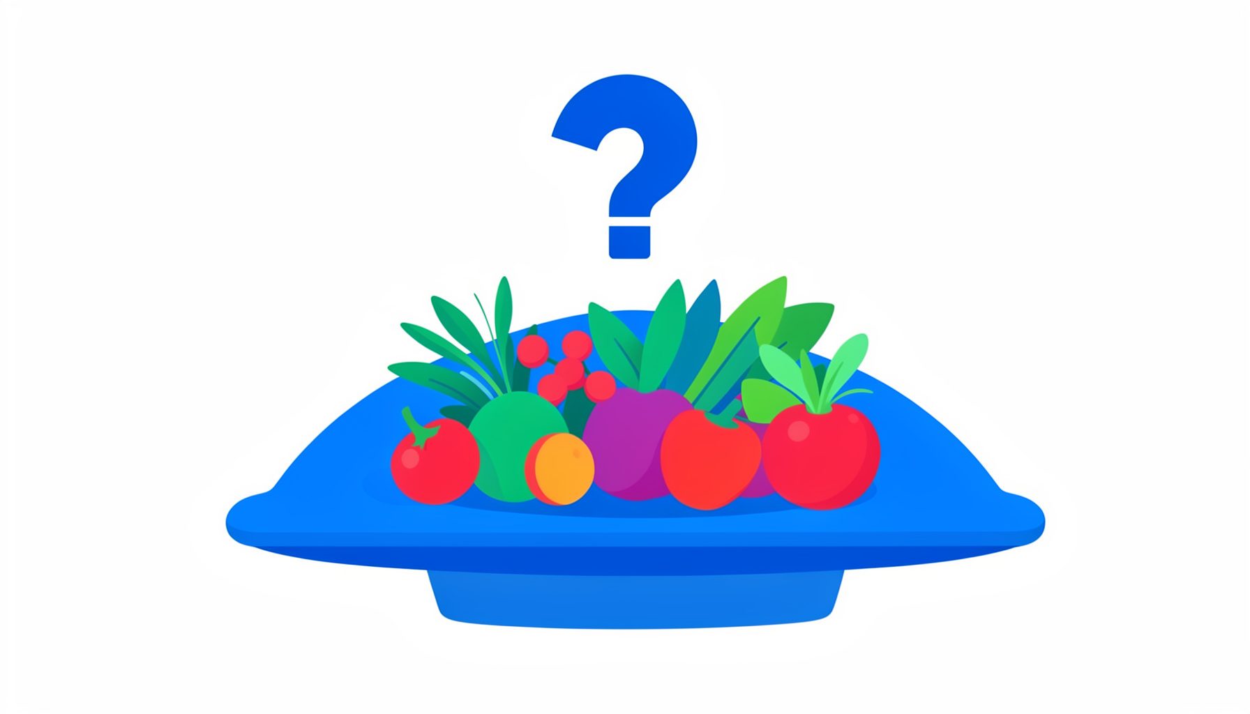 Flat vector of a plate with mixed vegetables and a question mark above it, thoughtful and balanced