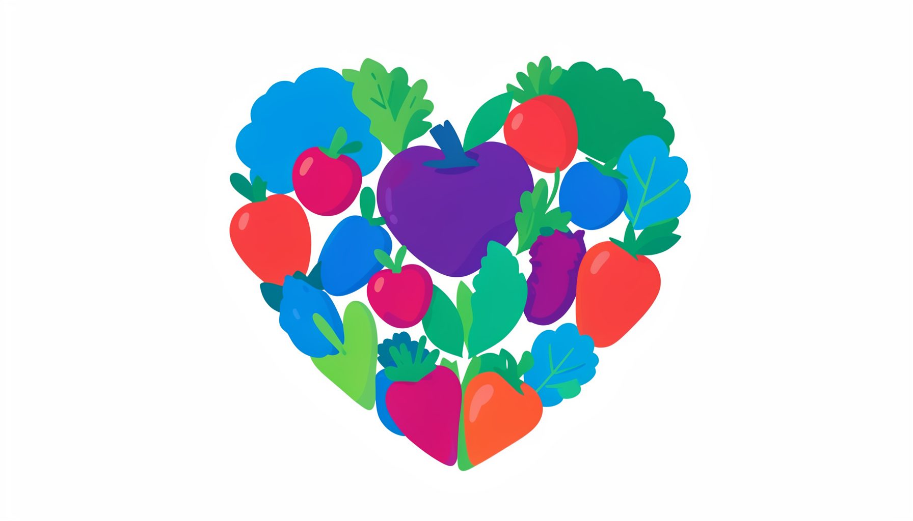 Flat vector of a heart shape formed by fresh fruits and vegetables, vibrant and positive