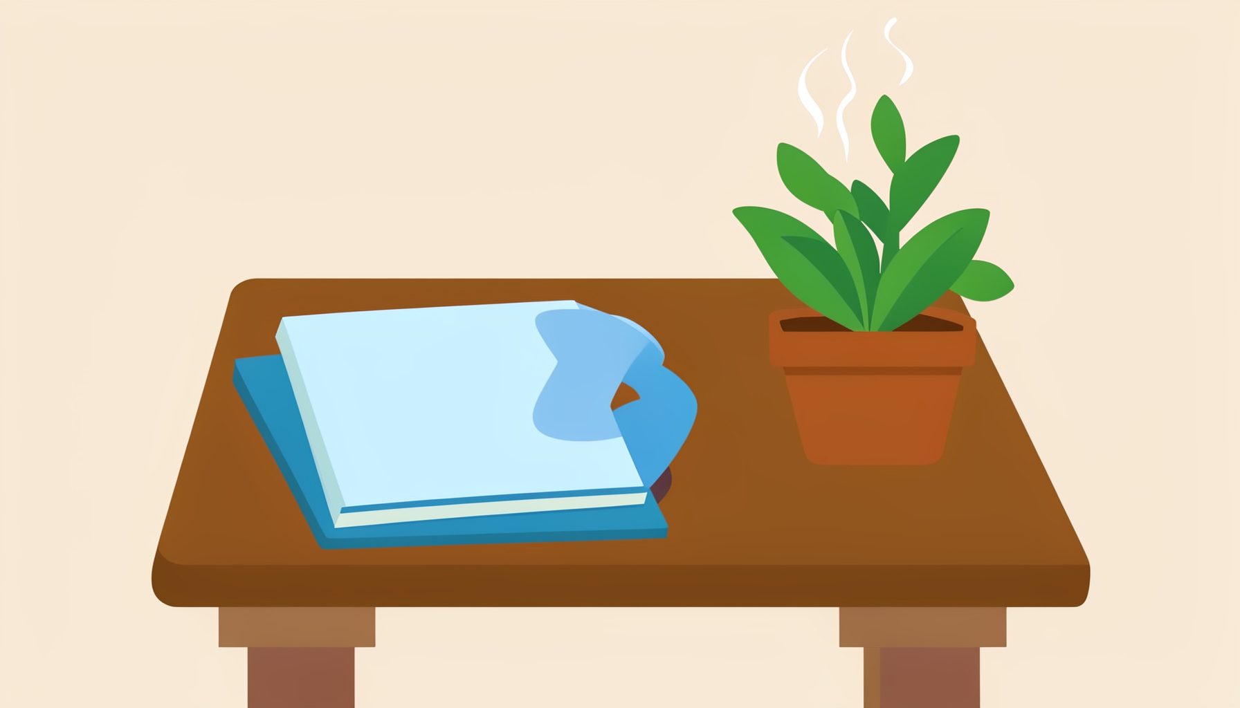 Flat vector illustration of a desk with a notebook, a steaming cup of herbal tea, and a small potted herb plant, rendered in warm earthy greens and soft browns on a light beige background