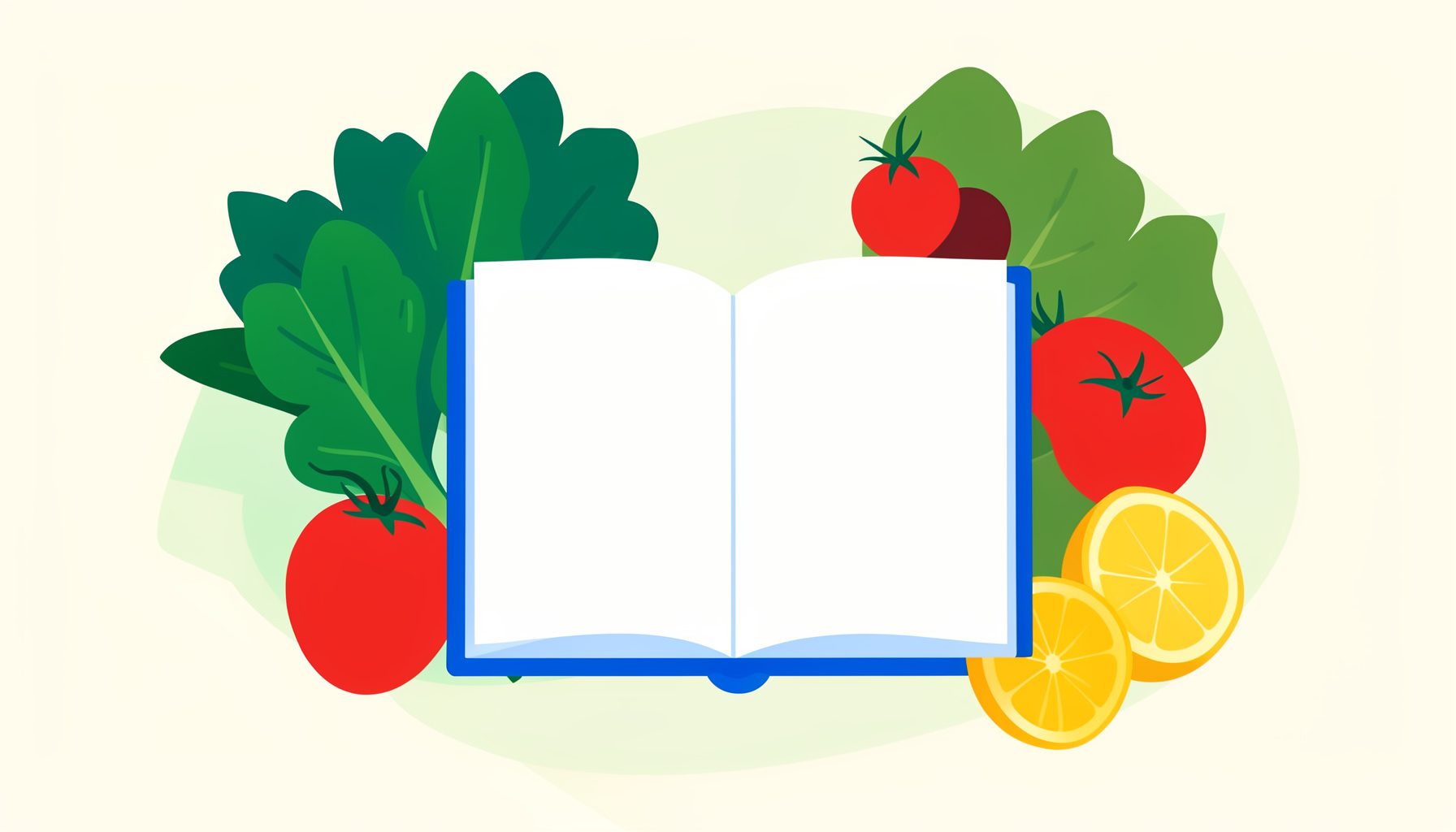 Flat vector illustration of fresh organic produce — leafy greens, ripe tomatoes, and citrus fruits — arranged around an open journal, set against a soft cream background with gentle green accents